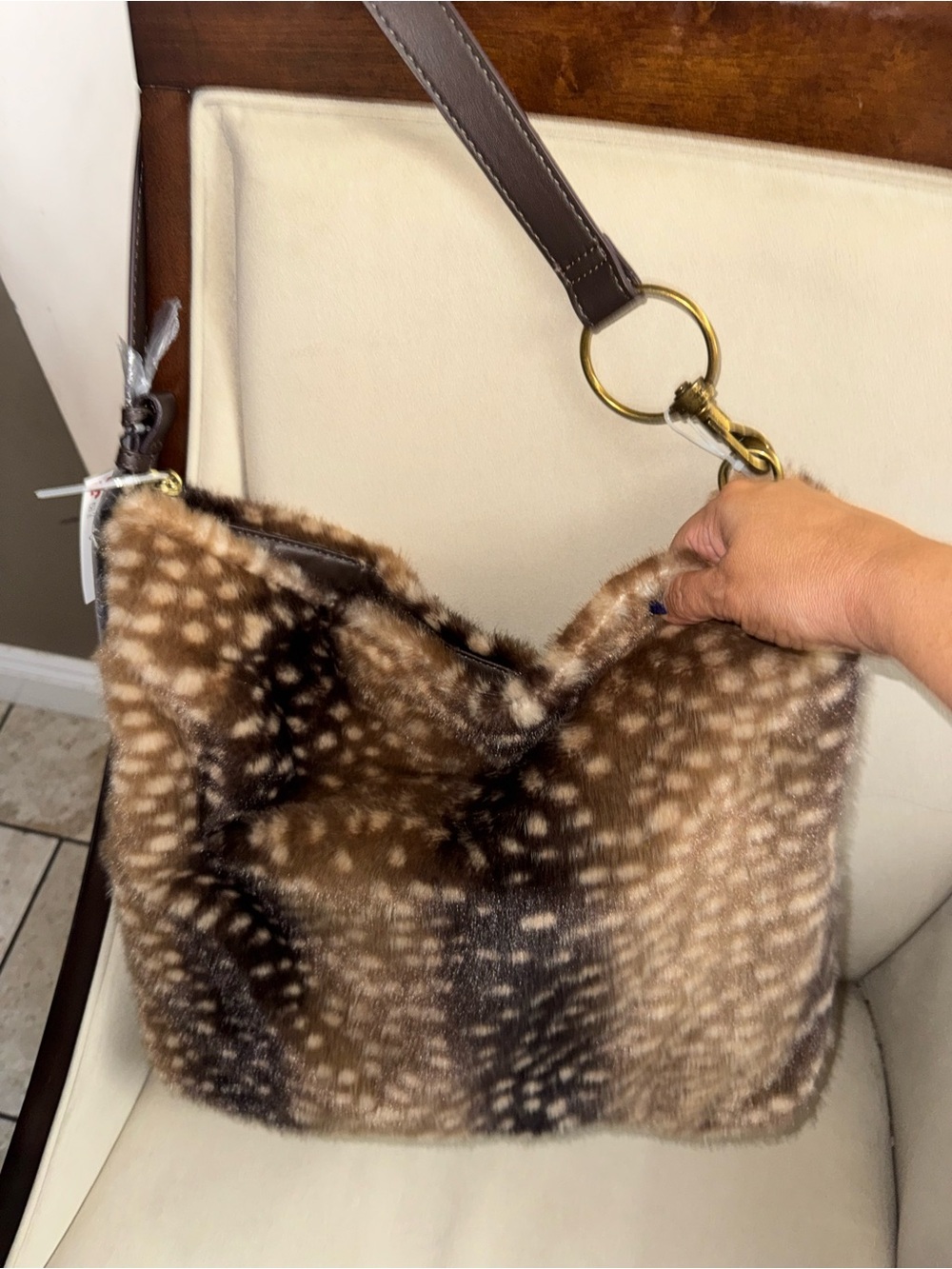 Steve Madden Brown and Cream Faux Fur Shoulder Bag with Leather Strap